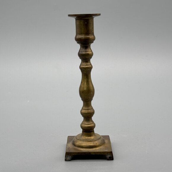 Vintage Brass Taper Candle Holder With Tall Turned Column And Square Footed Base - Picture 2 of 8